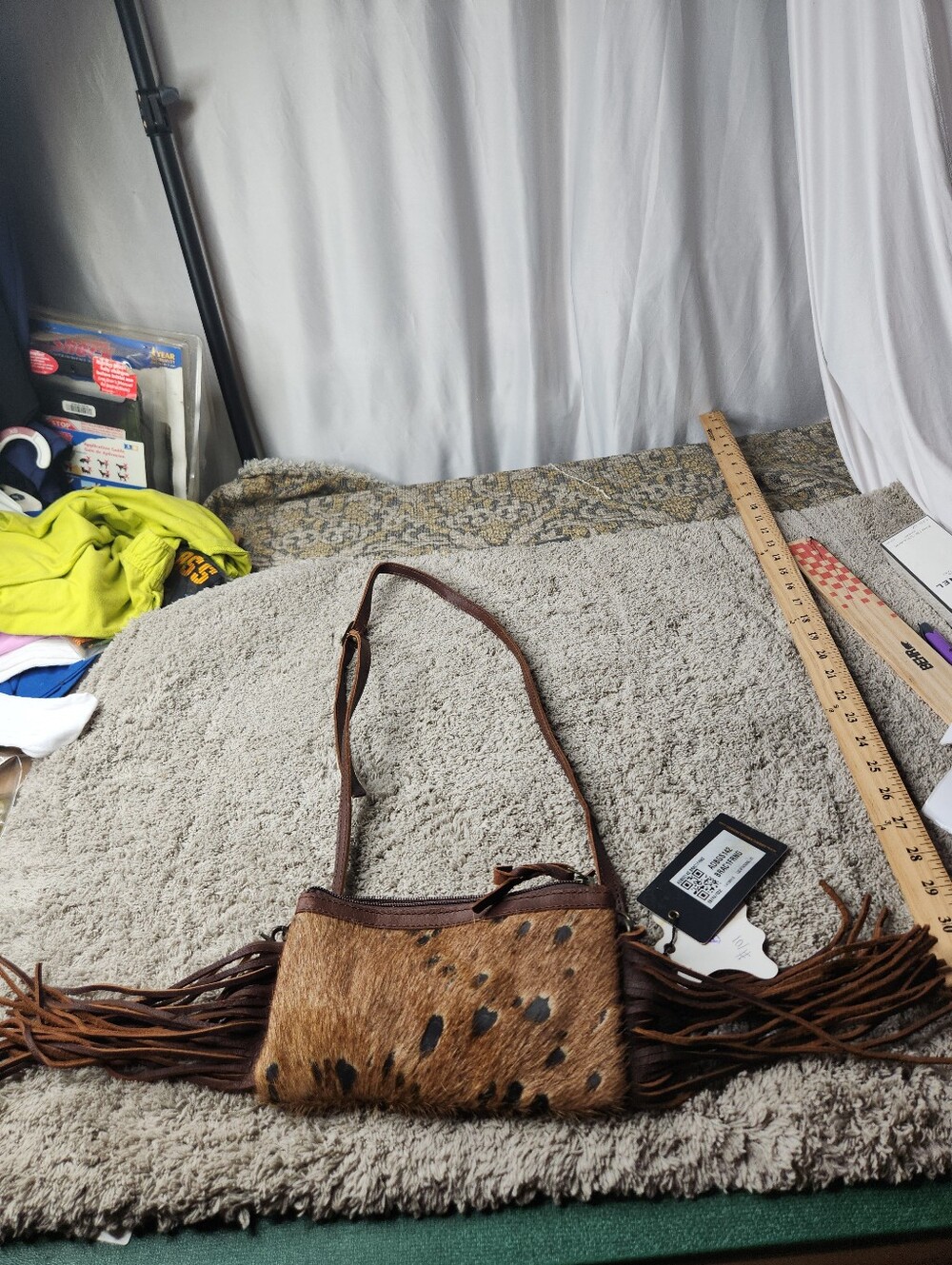 Brown & White Leather Crossbody Purse With Fringe - American Darling - Picture 2 of 16
